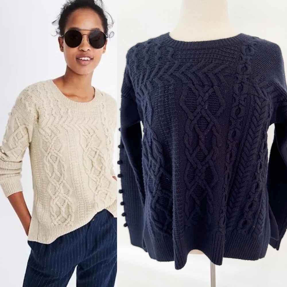 MADEWELL Navy Blue Cable Knit Open-Side Bobble Pullover Sweater | Small